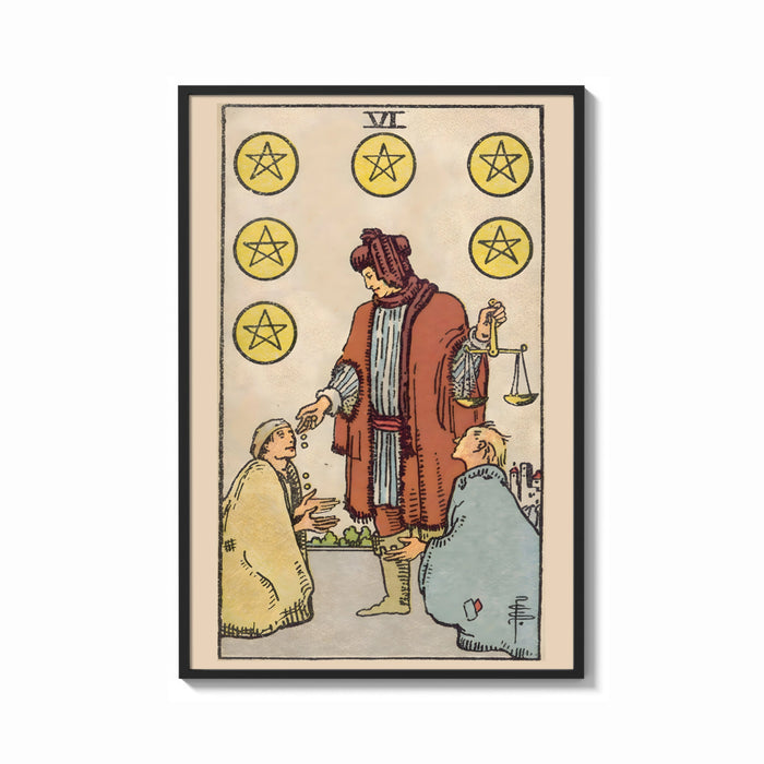 Framed Six of Pentacles print shown as a bold statement piece on a clean gallery wall