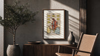 Merchant giving coins to beggars poster framed above a fluted sideboard beside an olive tree