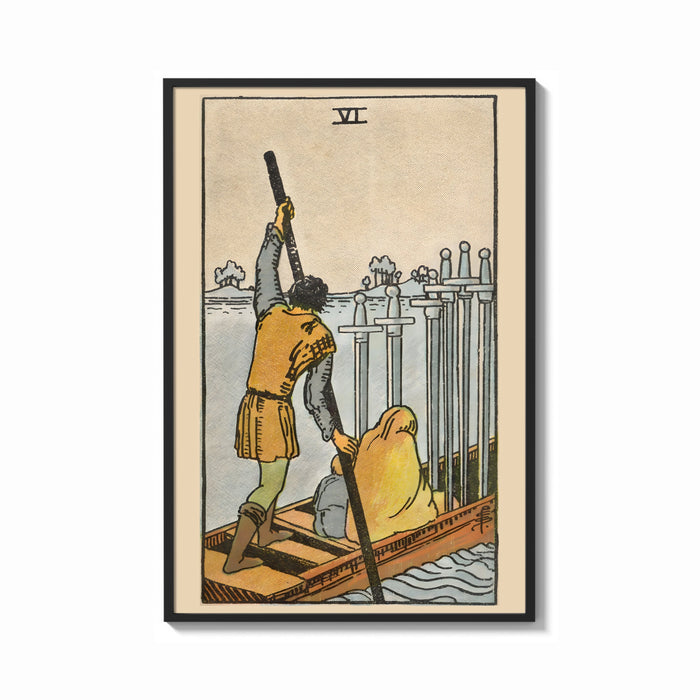 Framed Six of Swords print shown as a bold statement piece on a clean gallery wall