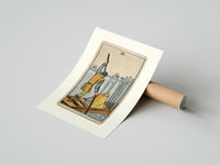 Rolled Ferryman poling boat with swords poster beside its crush-resistant kraft shipping tube