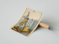 Gently curled Six of Swords print beside its protective shipping tube