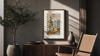 Ferryman poling boat with swords poster framed above a fluted sideboard beside an olive tree