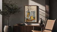 Six of Swords poster framed above a fluted sideboard beside a potted tree