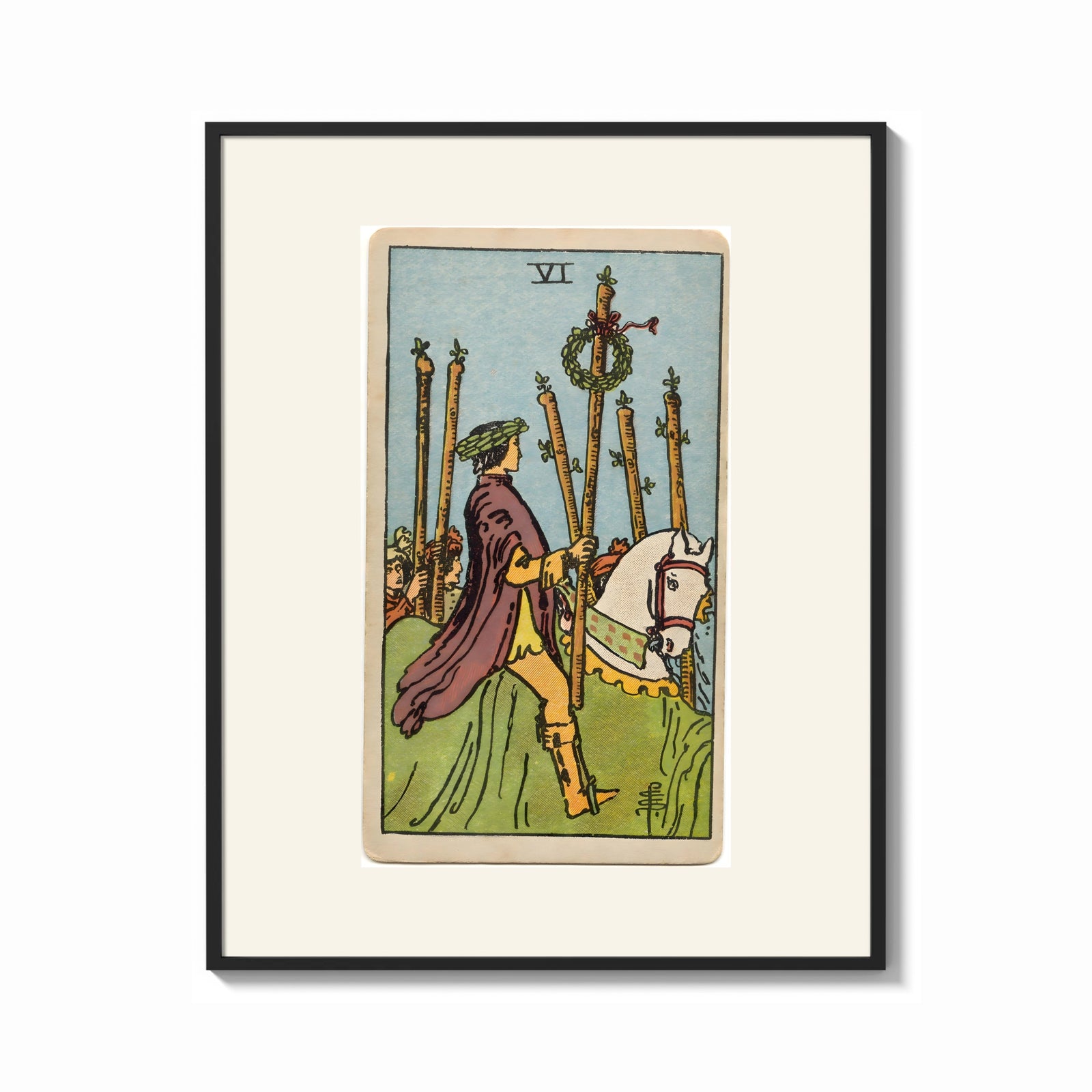 Framed Rider on white horse with staff print shown as a bold statement piece on a clean gallery wall