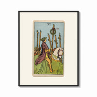 Framed Rider on white horse with staff print shown as a bold statement piece on a clean gallery wall
