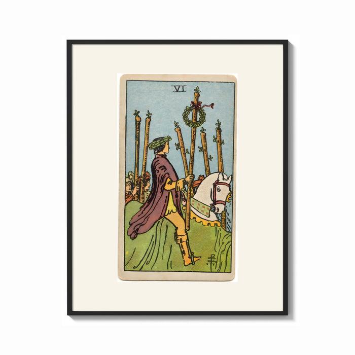 Framed Rider on white horse with staff print shown as a bold statement piece on a clean gallery wall