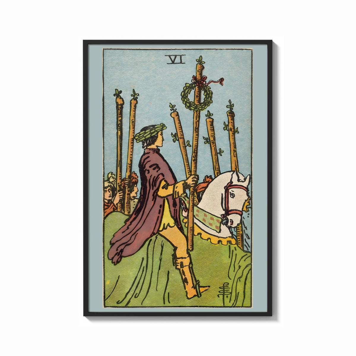 Framed Six of Wands print shown as a bold statement piece on a clean gallery wall