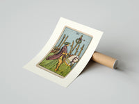 Rolled Rider on white horse with staff poster beside its crush-resistant kraft shipping tube