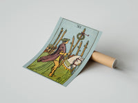 Gently curled Six of Wands print beside its protective shipping tube