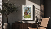 Rider on white horse with staff poster framed above a fluted sideboard beside an olive tree