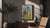 Six of Wands poster framed above a fluted sideboard beside a potted tree