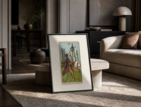 Rider on white horse with staff print in a black frame leaning on a travertine table in a sunlit lounge