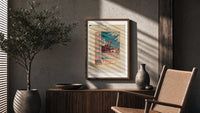 Christmas carollers with star in snowy village poster framed above a fluted sideboard beside an olive tree