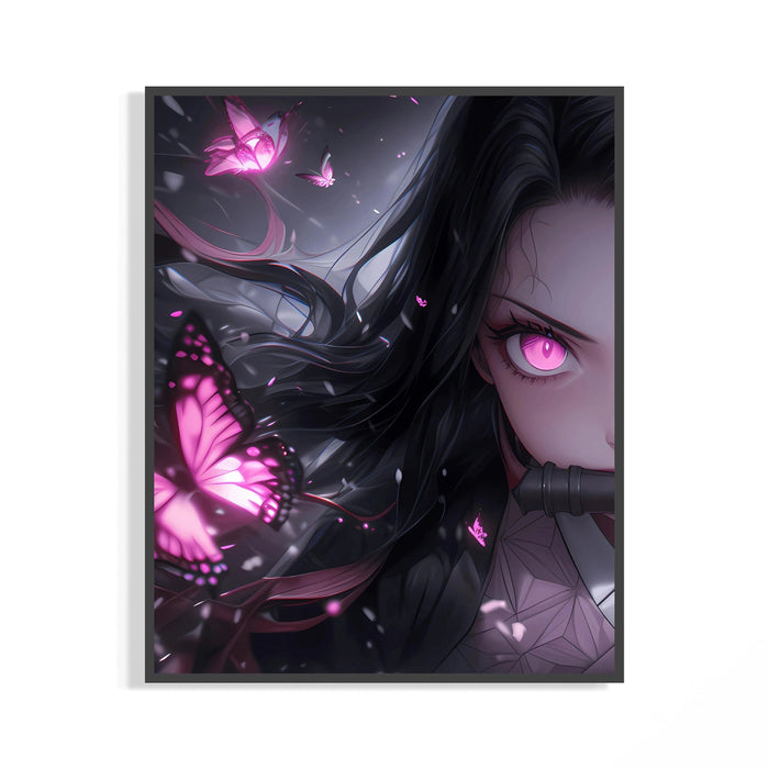 Framed Anime girl with pink eyes print displayed as a statement piece