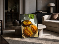 Sliced Mango print on the floor, leaning against a travertine table