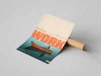 Orange boat on teal water poster partially unrolled from a brown cardboard shipping tube