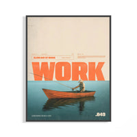 Woman lifting orange-text fishing poster with a boat on water from a cardboard shipping box