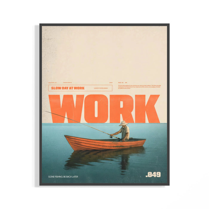 Woman lifting orange-text fishing poster with a boat on water from a cardboard shipping box