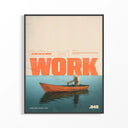 Woman unpacking Slow Day at Work Gone Fishing poster from cardboard box, showing orange text and boat on water artwork