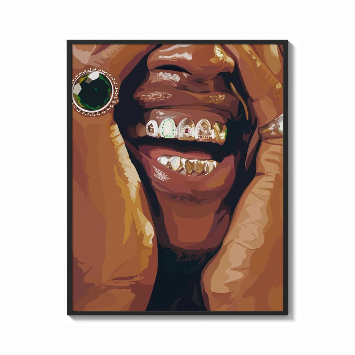 Framed Framed Grillz Smile print shown as a bold statement piece on a clean gallery wall