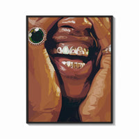 Framed Framed Grillz Smile print shown as a bold statement piece on a clean gallery wall