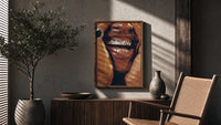 Framed Grillz Smile poster framed above a fluted sideboard beside a potted tree