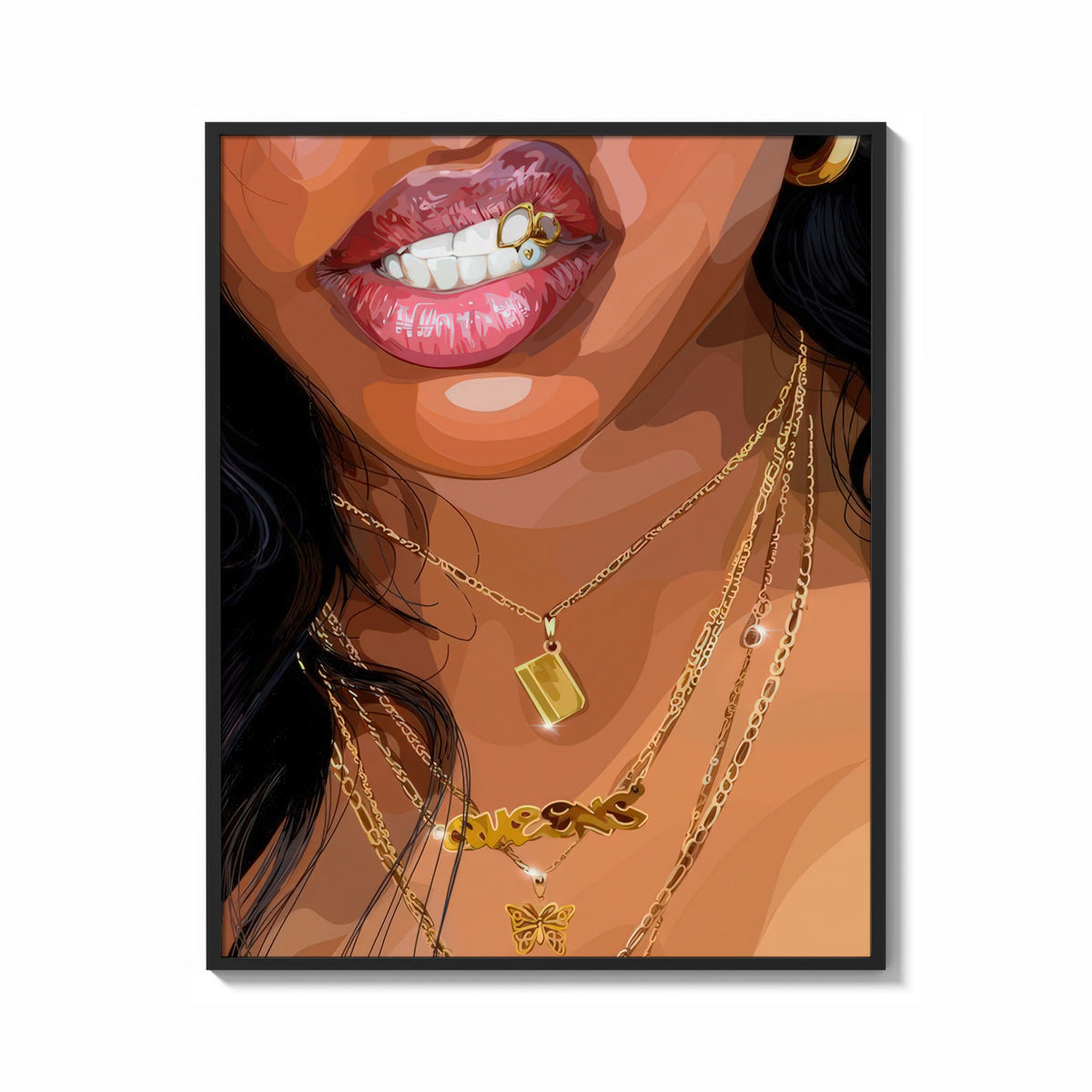 Framed Smile with a Butterfly Pendant print shown as a bold statement piece on a clean gallery wall