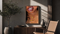 Smile with a Butterfly Pendant poster framed above a fluted sideboard beside a potted tree