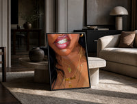 Smile with a Butterfly Pendant print on the floor, leaning against a travertine table