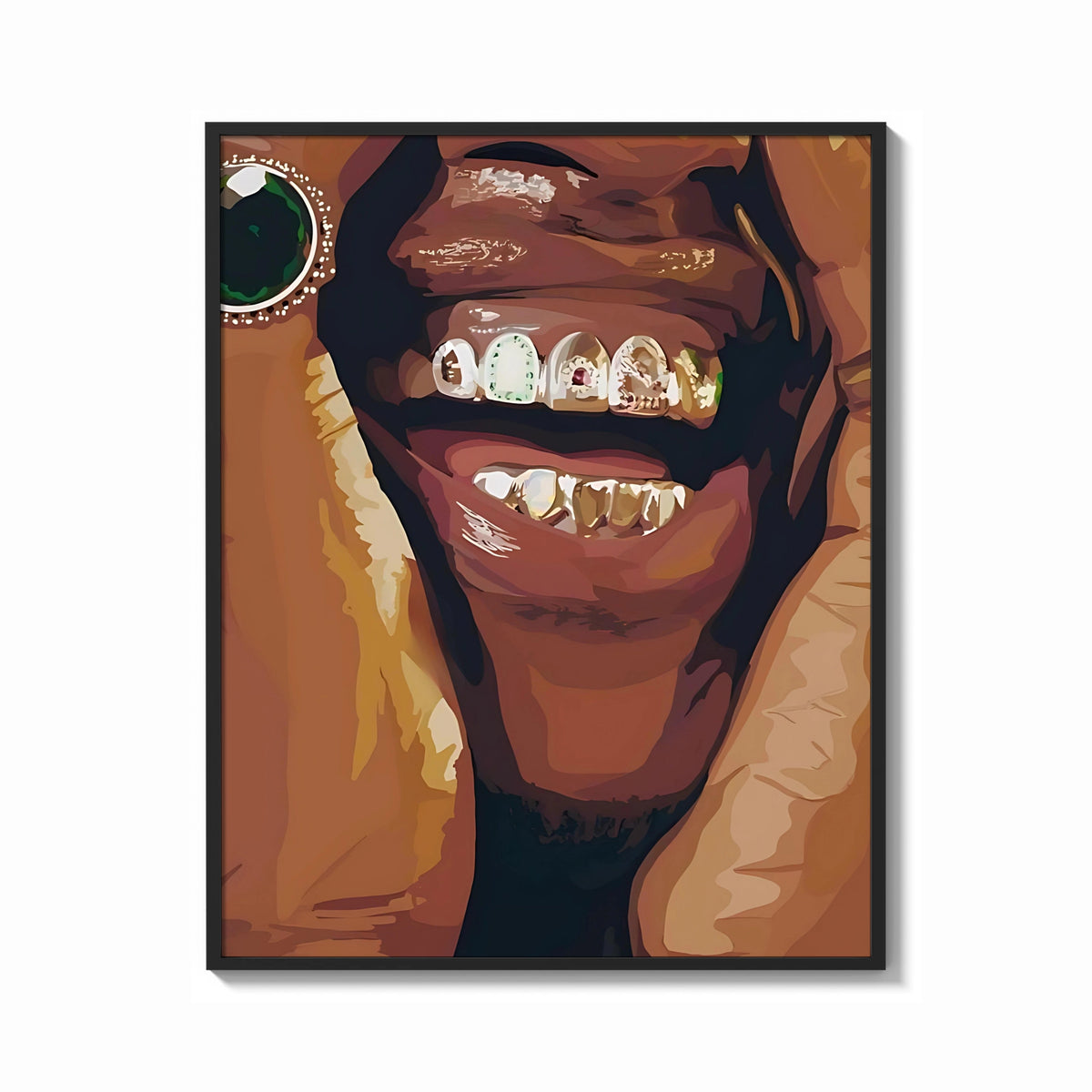 Framed Smile with Multicolored Grillz print shown as a bold statement piece on a clean gallery wall