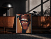 Black-framed Smile with Multicolored Grillz print on the floor in front of a dark wooden console