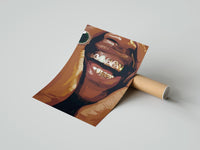 Gently curled Smile with Multicolored Grillz print beside its protective shipping tube