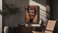 Smile with Multicolored Grillz poster framed above a fluted sideboard beside a potted tree