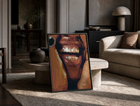 Smile with Multicolored Grillz print on the floor, leaning against a travertine table
