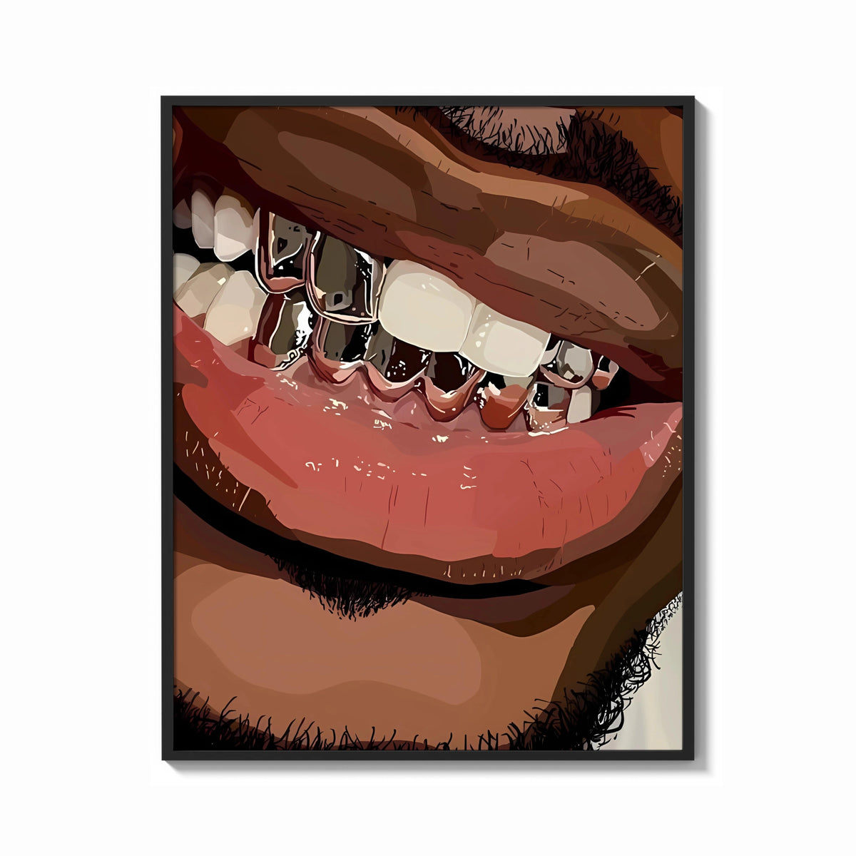 Framed Smile with Silver Grillz print shown as a bold statement piece on a clean gallery wall