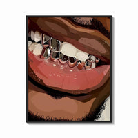 Framed Smile with Silver Grillz print shown as a bold statement piece on a clean gallery wall
