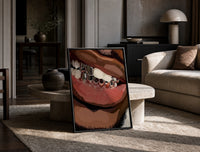 Smile with Silver Grillz print on the floor, leaning against a travertine table