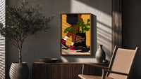 Sneakers and a Plant-Filled Tote poster framed above a fluted sideboard beside a potted tree