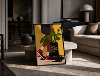 Sneakers and a Plant-Filled Tote print on the floor, leaning against a travertine table