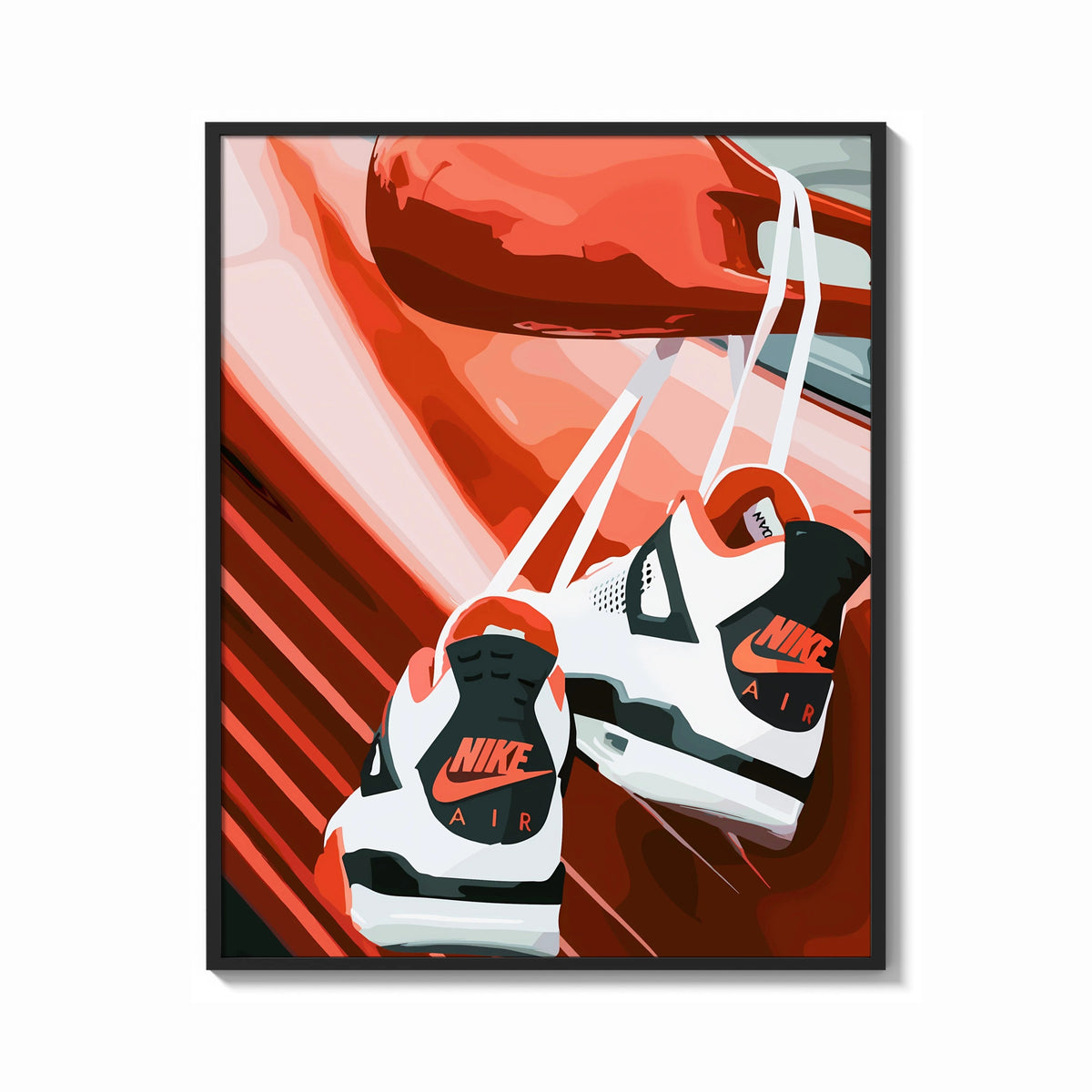 Framed Sneakers Hanging from a Car Mirror print shown as a bold statement piece on a clean gallery wall