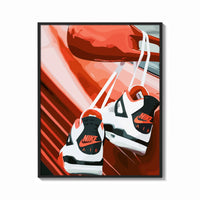 Framed Sneakers Hanging from a Car Mirror print shown as a bold statement piece on a clean gallery wall