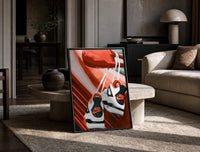 Sneakers Hanging from a Car Mirror print on the floor, leaning against a travertine table