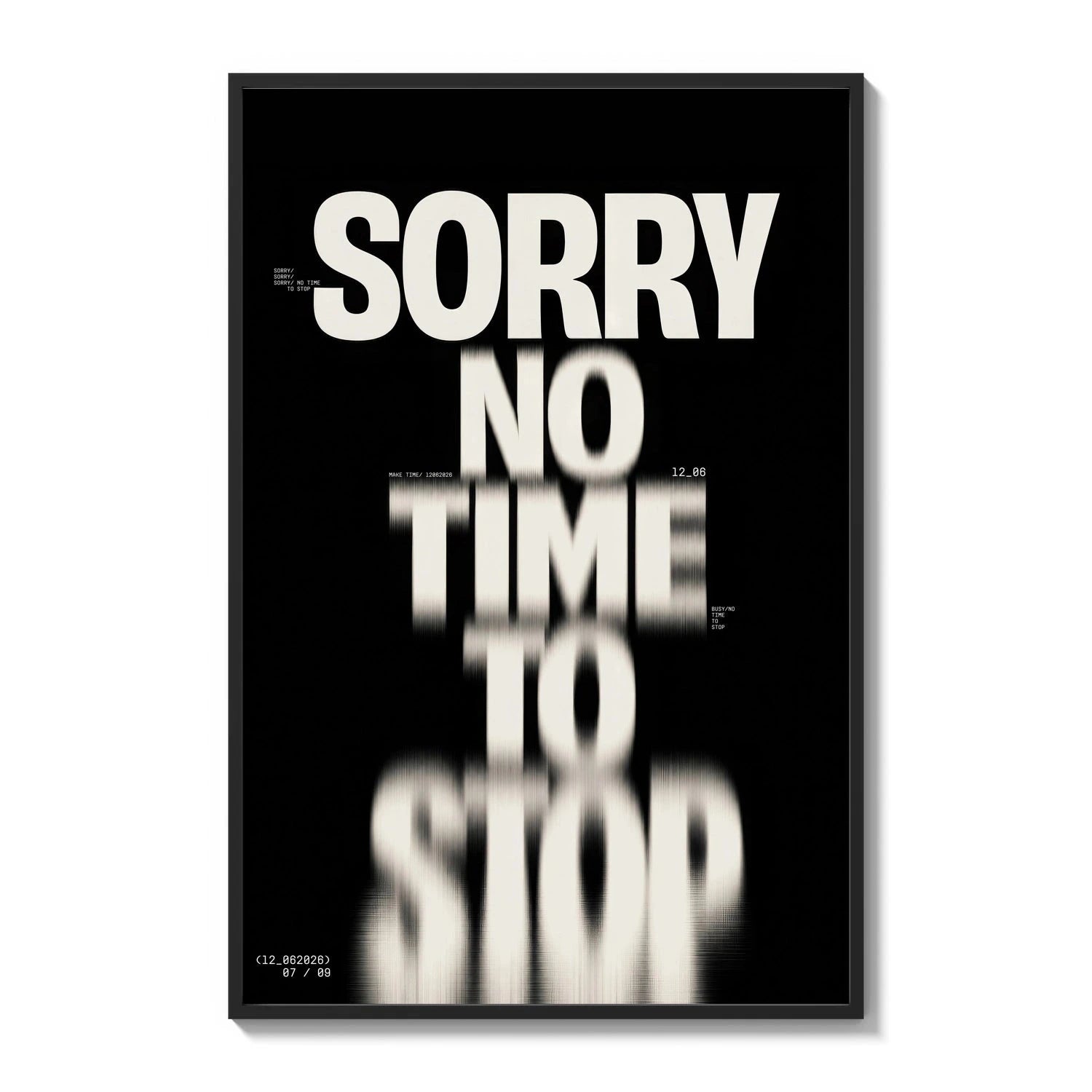 Bold typographic poster with glitched text effect poster framed on a white gallery wall