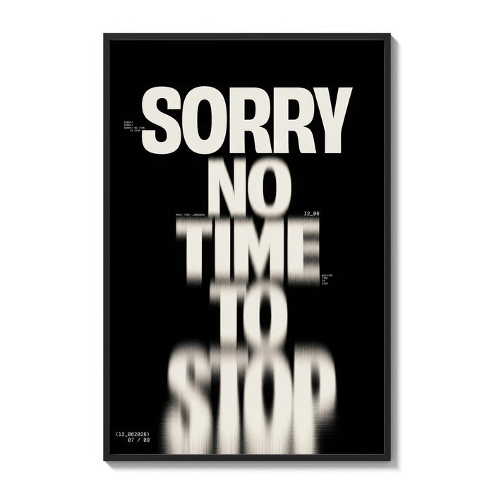 Bold typographic poster with glitched text effect poster framed on a white gallery wall
