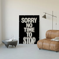 Bold typographic poster with glitched text effect poster framed in a luxury living-room setting