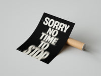 Bold typographic poster with glitched text effect poster styled above furniture in a modern room