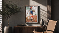 Sow the Seeds of Victory poster framed above a fluted sideboard beside a potted tree