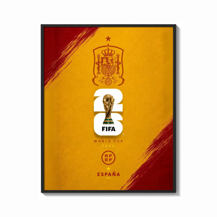 Framed FIFA World Cup 2026 Spain emblem print shown as a bold statement piece on a clean gallery wall