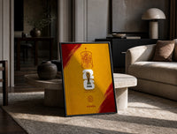 FIFA World Cup 2026 Spain emblem print in a black frame leaning on a travertine table in a sunlit lounge