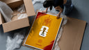FIFA World Cup 2026 Spain emblem framed print being unpacked from protective bubble wrap and a box